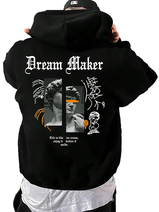 GORGLITTER Mens Slogan Graphic Hoodies Oversized Drawstring Thermal Kangaroo Pocket Sweatshirt Trendy Hoodies 2024 Black Figure X-Small